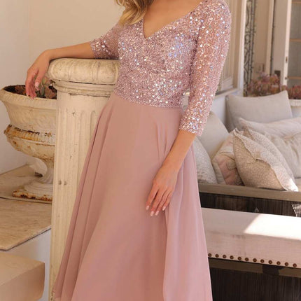 Nox Anabel MF104 Tea Length Sequin Bodice Short 3/4 Sleeve Dress