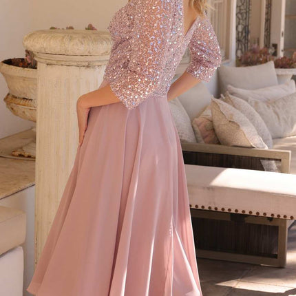 Nox Anabel MF104 Tea Length Sequin Bodice Short 3/4 Sleeve Dress