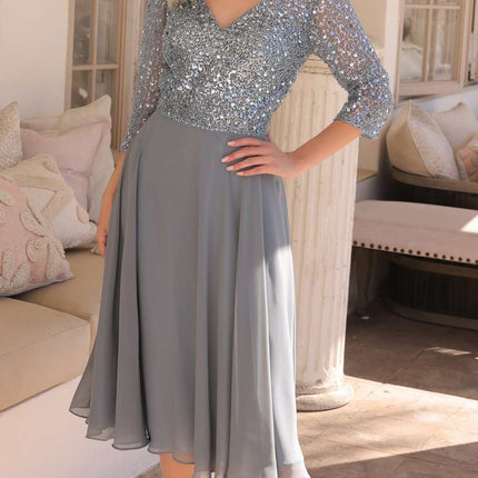 Nox Anabel MF104 Tea Length Sequin Bodice Short 3/4 Sleeve Dress