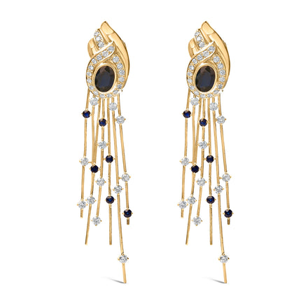 14K Yellow Gold 1.0 Cttw Diamond and Blue Sapphire Chandelier Earrings