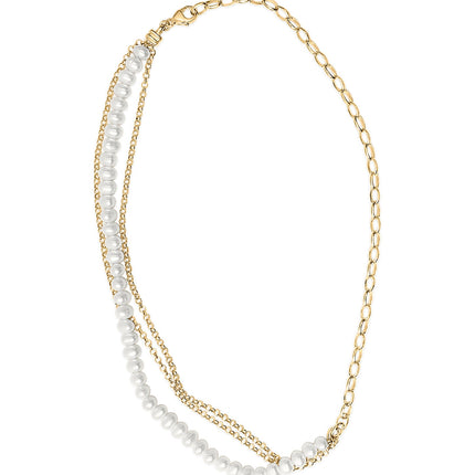 18K Yellow Gold Vermeil Cultured Pearl Strand Necklace with Rolo and Paperclip Chain