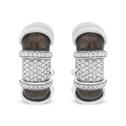 18K White Gold Flash Plated .925 Sterling Silver Clear Graphite Grey Enamel 5/8 Cttw Round Diamonds Huggie Hoop Earrings (F-G Color, VS1-VS2 Clarity)
