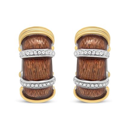 18K Yellow and White Gold Flash Plated .925 Sterling Silver Clear Brown Enamel 9/10 Cttw Round Diamonds Huggie Hoop Earrings (F-G Color, VS1-VS2 Clarity)