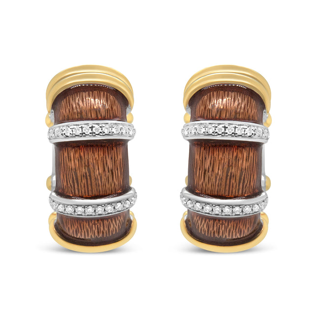 18K Yellow and White Gold Flash Plated .925 Sterling Silver Clear Brown Enamel 9/10 Cttw Round Diamonds Huggie Hoop Earrings (F-G Color, VS1-VS2 Clarity)
