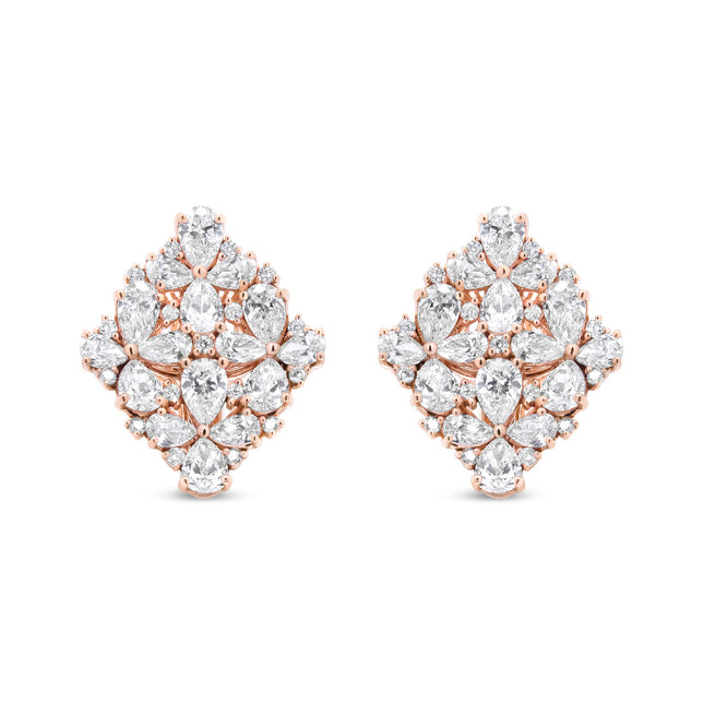 18K Rose Gold 8 1/3 Cttw Pear and Round Diamond Floral Cluster Omega Earrings (F-G Color, VS1-VS2 Clarity)