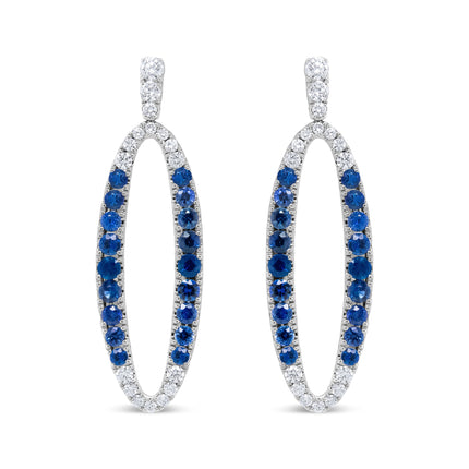 18K White Gold 1.11 Cttw Blue Round Diamond and Blue Sapphire Openwork Oval Shaped Dangle Earrings (F-G Color, VS1-VS2 Clarity)