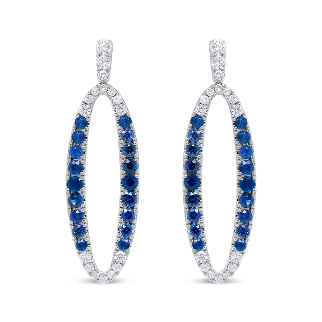 18K White Gold 1.11 Cttw Blue Round Diamond and Blue Sapphire Openwork Oval Shaped Dangle Earrings (F-G Color, VS1-VS2 Clarity)