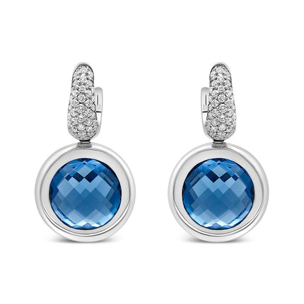 18K White Gold Bezel Set 11mm Blue Topaz and 1/2 Cttw Invisible Set Diamond Bale Dangle Earrings (F-G Color, VS1-VS2 Clarity)