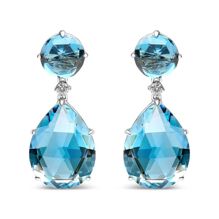 18K White Gold 1/5 Cttw Diamond with Round London Blue Topaz and 20 x 15mm Pear Cut Sky Blue Topaz Gemstone Dangle Earring (G-H Color, SI1-SI2 Clarity)