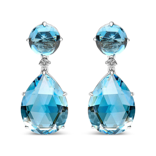 18K White Gold 1/5 Cttw Diamond with Round London Blue Topaz and 20 x 15mm Pear Cut Sky Blue Topaz Gemstone Dangle Earring (G-H Color, SI1-SI2 Clarity)