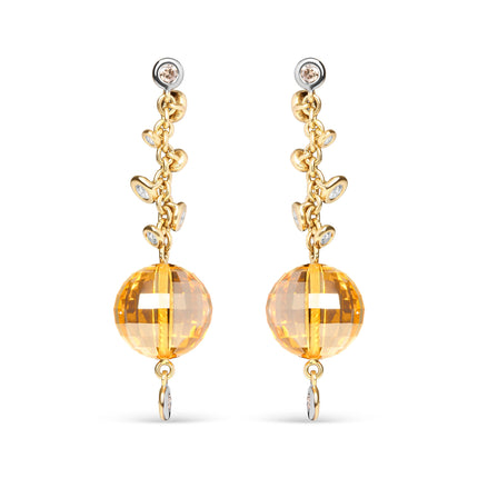 18K Yellow Gold 2/3 Cttw Round Bezel Diamond and 25mm Ball Shaped Yellow Citrine Gemstone Dangle Stud Earring (Brown and G-H Color, SI1-SI2 Clarity)