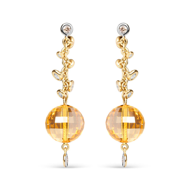 18K Yellow Gold 2/3 Cttw Round Bezel Diamond and 25mm Ball Shaped Yellow Citrine Gemstone Dangle Stud Earring (Brown and G-H Color, SI1-SI2 Clarity)