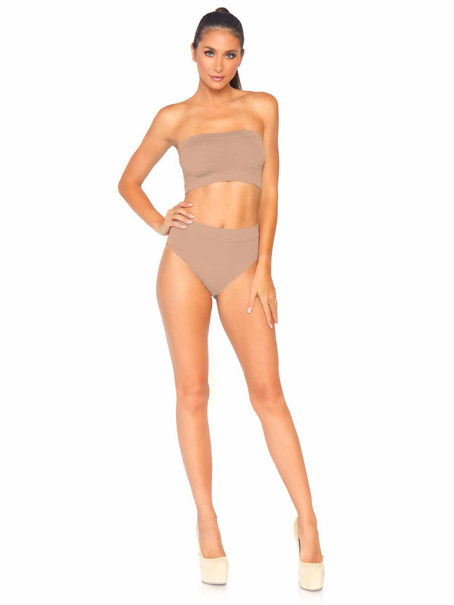 2 PC Seamless Opaque Microfiber Ribbed Bandeau Top and High Waist Briefs - Medium - MED/LGE