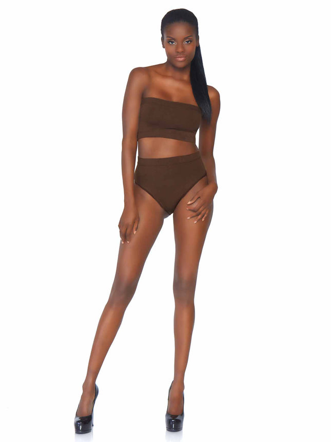 2 PC Seamless Opaque Microfiber Ribbed Bandeau Top and High Waist Briefs - Deep - MED/LGE