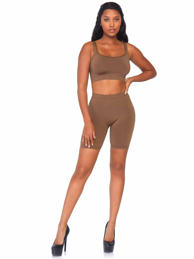 2 PC Seamless Opaque Spandex Crop Tank and Bike Shorts - Tan - MED/LGE