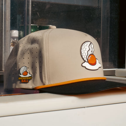 Breakfast Ball Golf Hat | Snapback Cap | Built-in Magnetic Ball Marker Holder + Marker Included | Breakfast Ball | Adjustable | Mulligan Tan