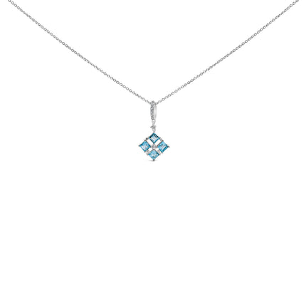Sterling Silver Blue Topaz and White Sapphire Square Motif Pendant Necklace 18 Inch