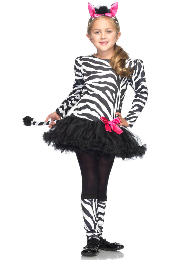 Girls 3 PC Little Zebra Costume, Includes Petticoat Dress with Tail, Leg Warmers, and Ear Headband - Black/Whit - XS