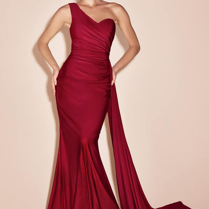Ladivine PT004 Long Chic One Shoulder Stretch Satin Side Sash Gown