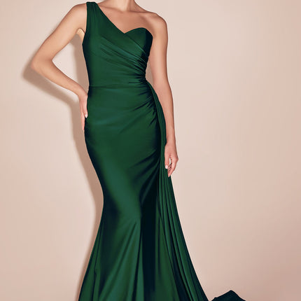 Ladivine PT004 Long Chic One Shoulder Stretch Satin Side Sash Gown