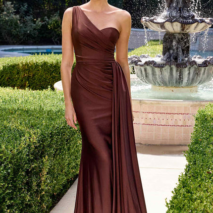 Ladivine PT004 Long Chic One Shoulder Stretch Satin Side Sash Gown
