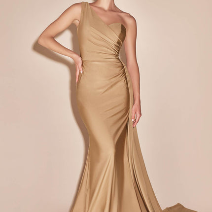 Ladivine PT004 Long Chic One Shoulder Stretch Satin Side Sash Gown