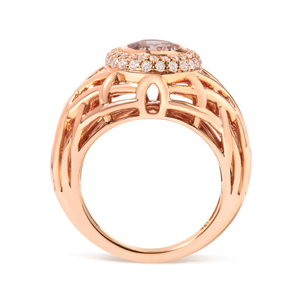 14K Rose Gold Oval Cut Light Pink Morganite and 3/8 Cttw Diamonds Halo and Basket Weave Cocktail Ring (G-H Color, SI1-SI2 Clarity) - Size 7