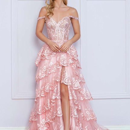Nox Anabel R1299 Long Off the Shoulder Tiered Skirt A-Line Formal Gown
