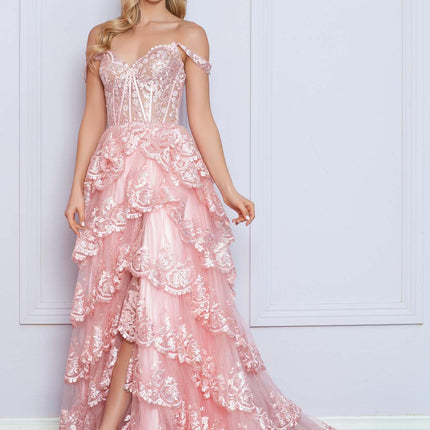 Nox Anabel R1299 Long Off the Shoulder Tiered Skirt A-Line Formal Gown