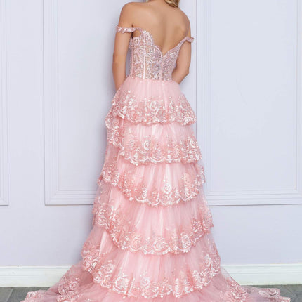 Nox Anabel R1299 Long Off the Shoulder Tiered Skirt A-Line Formal Gown