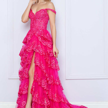 Nox Anabel R1299 Long Off the Shoulder Tiered Skirt A-Line Formal Gown