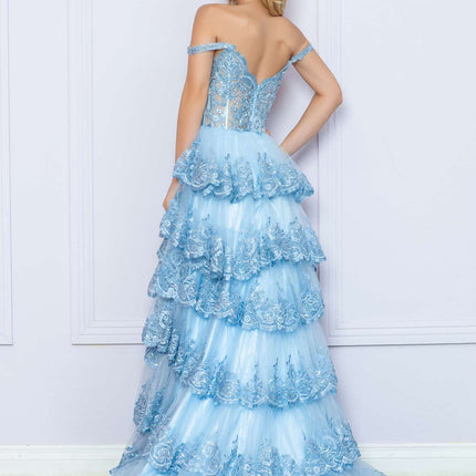 Nox Anabel R1299 Long Off the Shoulder Tiered Skirt A-Line Formal Gown