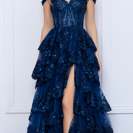 Nox Anabel R1299 Long Off the Shoulder Tiered Skirt A-Line Formal Gown
