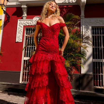 Nox Anabel R1301 Long Layered Tiered Skirt Off Shoulder Corset Dress