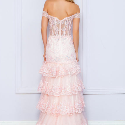 Nox Anabel R1301 Long Layered Tiered Skirt Off Shoulder Corset Dress
