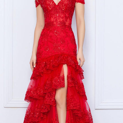 Nox Anabel R1301 Long Layered Tiered Skirt Off Shoulder Corset Dress
