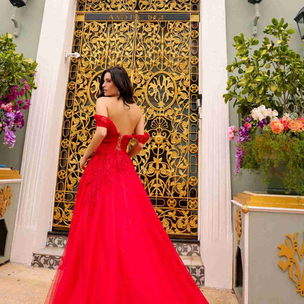 Nox Anabel R1303 Long Off the Shoulder Sweetheart Tulle A-Line Gown