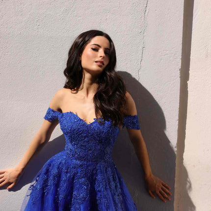 Nox Anabel R1303 Long Off the Shoulder Sweetheart Tulle A-Line Gown