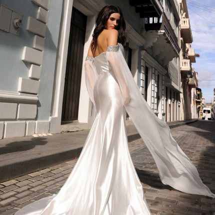 Nox Anabel R1312 Long Chiffon Cape Sleeve Fitted Satin Formal Gown