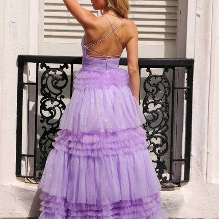 Nox Anabel R1316 Long Glitter Ruffled Tiered A-Line Sleeveless Gown