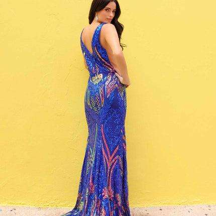 Nox Anabel R1402 Long Plunging V-Neck Fitted Sequin Print Gown