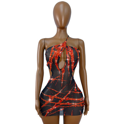 Crimson Flame Rhinestone Mesh Mini Dress Keyhole Cutout Backless Stage Costume