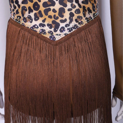 Leopard Print Rhinestone Tassel Dance Dress Long Sleeve Keyhole Bodysuit
