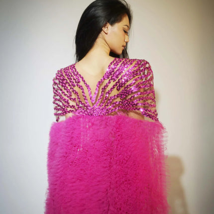 See Through Fuchsia Pink Evening Gown Long Tail Showgirl Stage Ball Dress