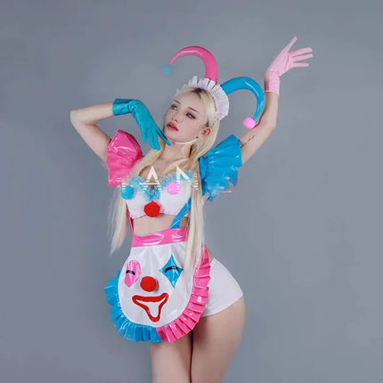 Halloween Clown Cosplay Costume Women Bar Role Playing Stage Performance Clothes Pink Blue Tops Shorts Dance Outfit