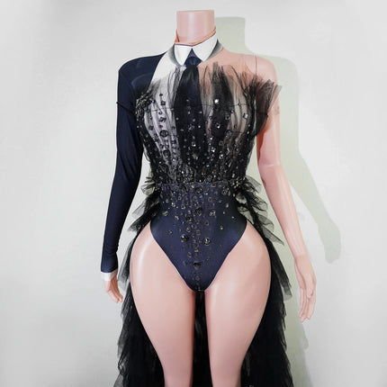 Black Rhinestone One-Shoulder Bodysuit & Trailing Tulle Train Stage Costume Set