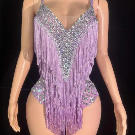Sparkly Rhinestone & Tassel V-Neck Bodysuit Stage Performance Costume