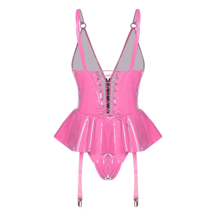 Glossy Wet-Look Halter Romper Bodysuit with Flared Skirt Hem & Integrated Garters