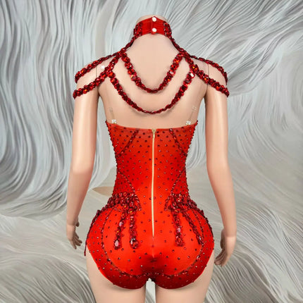 Sparkly Rhinestone Tassel Spandex Bodysuit Halter Dance Stage Costume Leotard