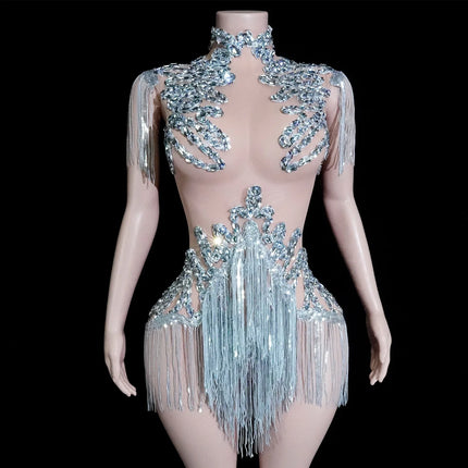 The Stardust Midnight Cabaret Bodysuit – Luxury Rhinestone & Mesh Showgirl Costume